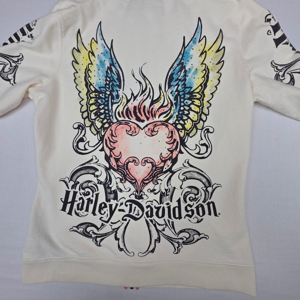 VTG Harley Davidson Genuine Full Zip Hoodie Womens L Winged Heart Cotton - Picture 2 of 9